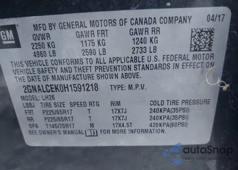 2017 Chevrolet Equinox Lt z USA, uszkodzony, nr VIN 2GNALCEK0H1591218